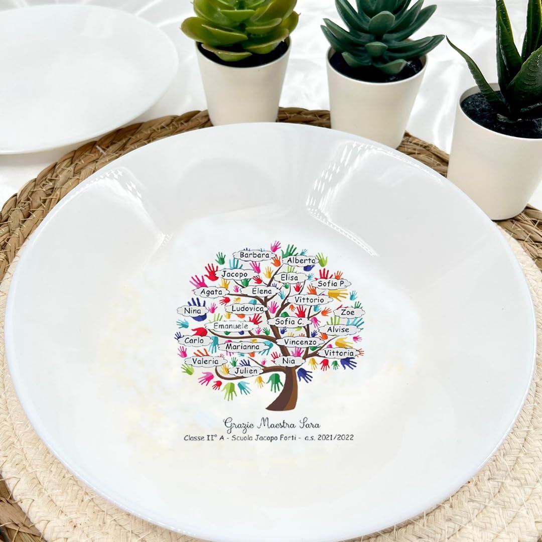 Piatto Bianco in Vetro Temperato 25cm Personalizzato con Nomi Albero del Sapere Regalo Maestra