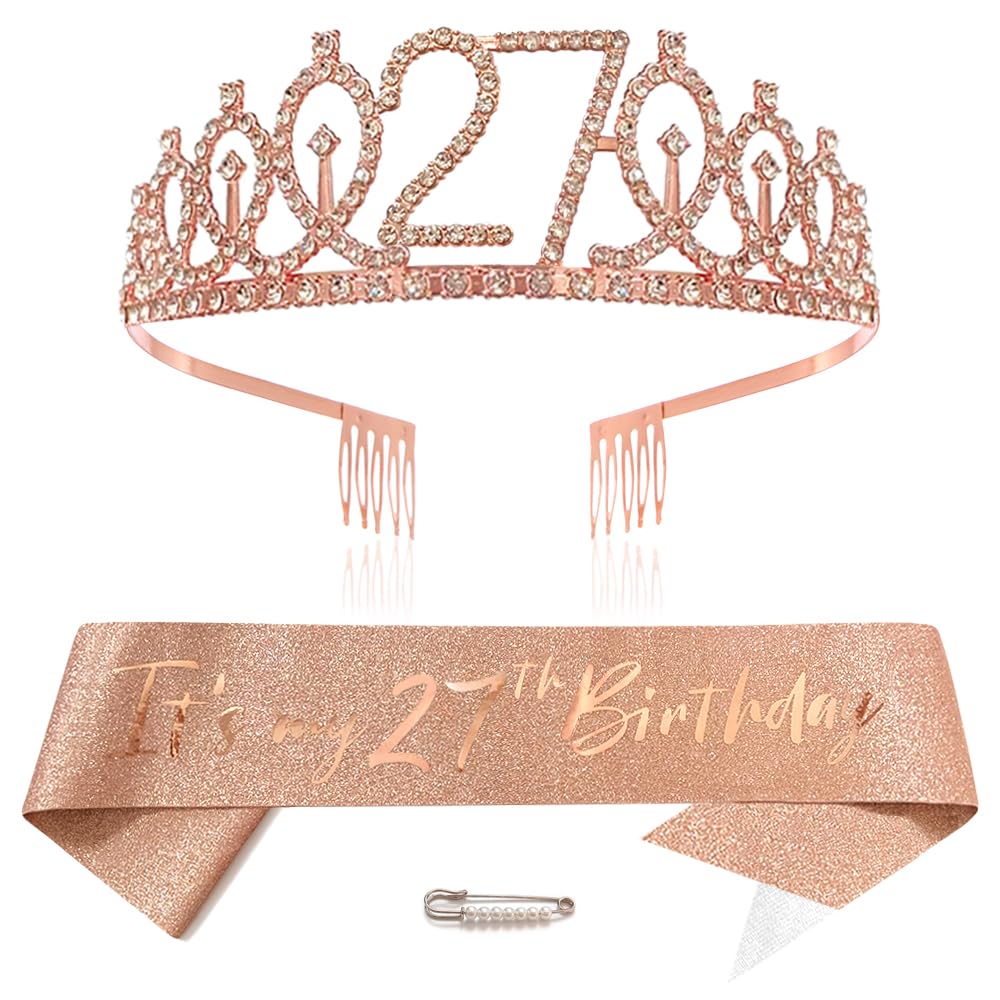 XIHUIMAY Couronne d'Anniversaire 27 Ans Or Rose Strass et Écharpe Fille Princesse Reine Tiare Décoration Fête Vêtements