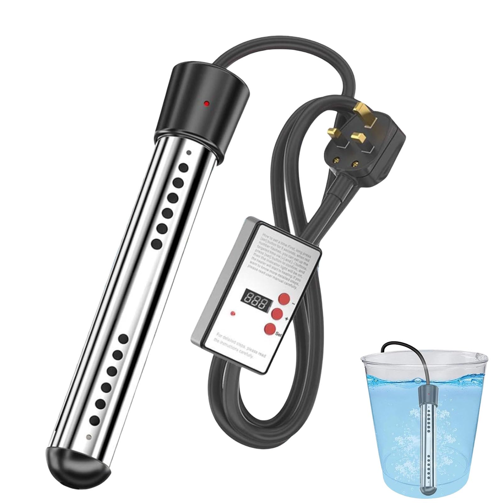 Portable Water Heater 2000W,Immersion Heater,Fast Heating Swimming Pool Heater with 304 Stainless Steel and Digital LCD Thermometer,Heats 5 Gallons in Minutes,for Home Camping Bath Pool Outdoor (A)