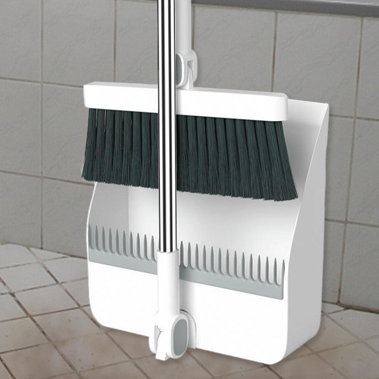 JEHONN Set Di Paletta E Spazzola Con Manico Lungo, Scopa Alta E Paletta Verticale In Acciaio Inox Con Scopa A Girevole A 180 Gradi, 1 Porta Spazzole Per Esterni, Interni, Giardino, Lobby