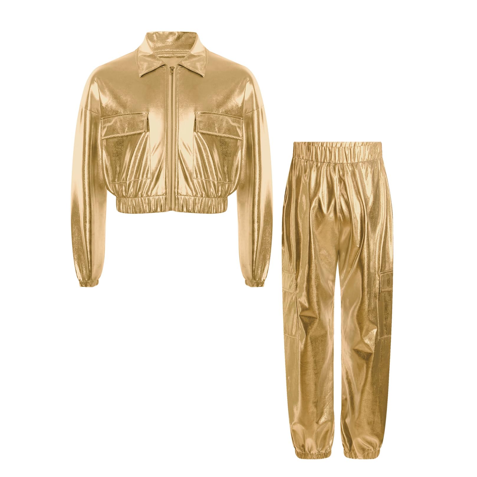ranrann Unisexe Enfant Pantalon Métallique Brillant et Veste Ensemble Costume Disco Danse Moderne Jazz Hip Hop pour Garçon Fille
