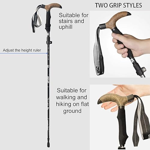 Miniatura 6 de Bastón de caminar plegable, ajustable, plegable para hombres y mujeres, punta todo terreno resistente, con bolsa de viaje, bastones para caminar