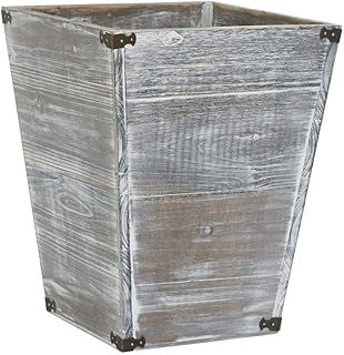 Gray Farmhouse Style Torched Wood Square Waste Bin with Decorative Metal Brackets Trash Can for Bedroom,Living Room, Bathroom & Office