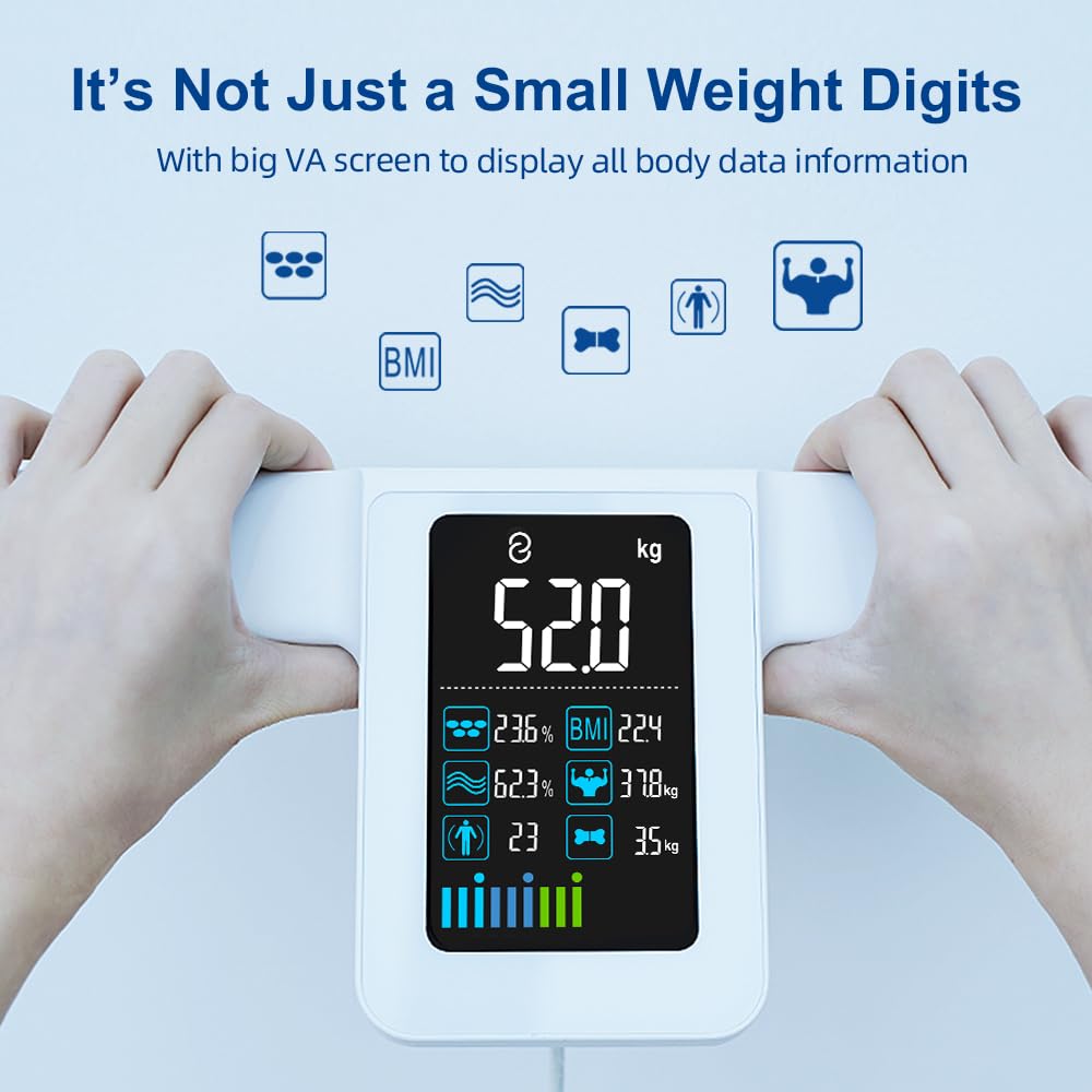 Close-up of the scale's VA screen display showing various body data