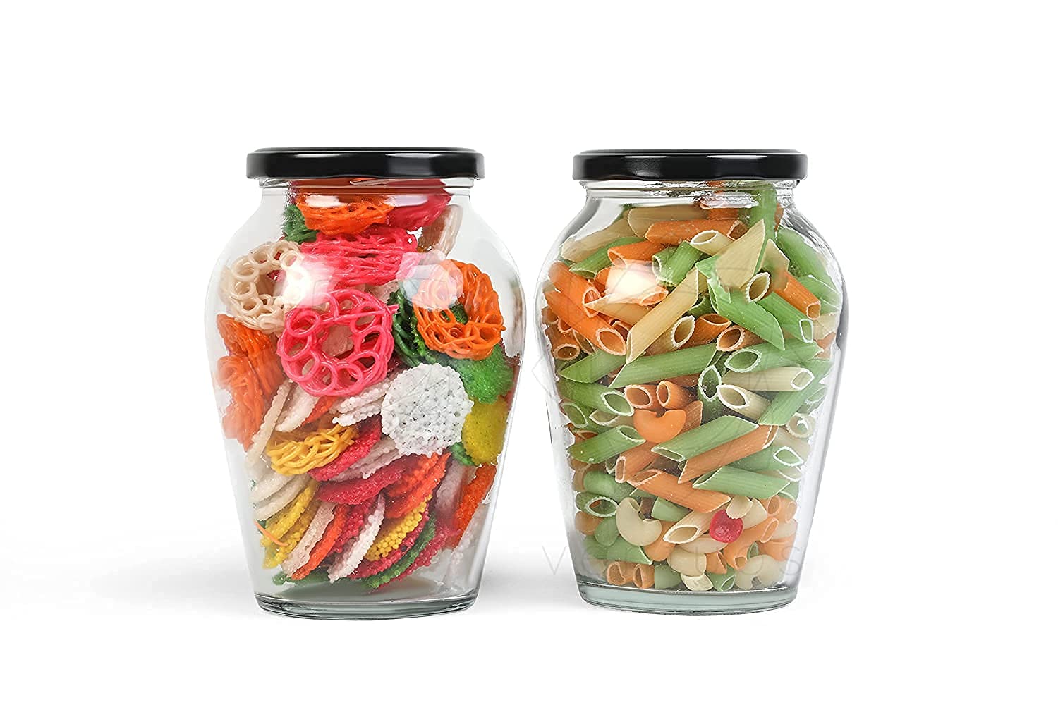 WOODONICK Matka Shape Glass Jars with Airtight Metal Lid for Kitchen Dried Masla Storage Jar, Honey Jar, Jar and Container, Spice Masala Jar, Pot Glass Matka, Visible 1000ml (BLACK LID- 2PCs)