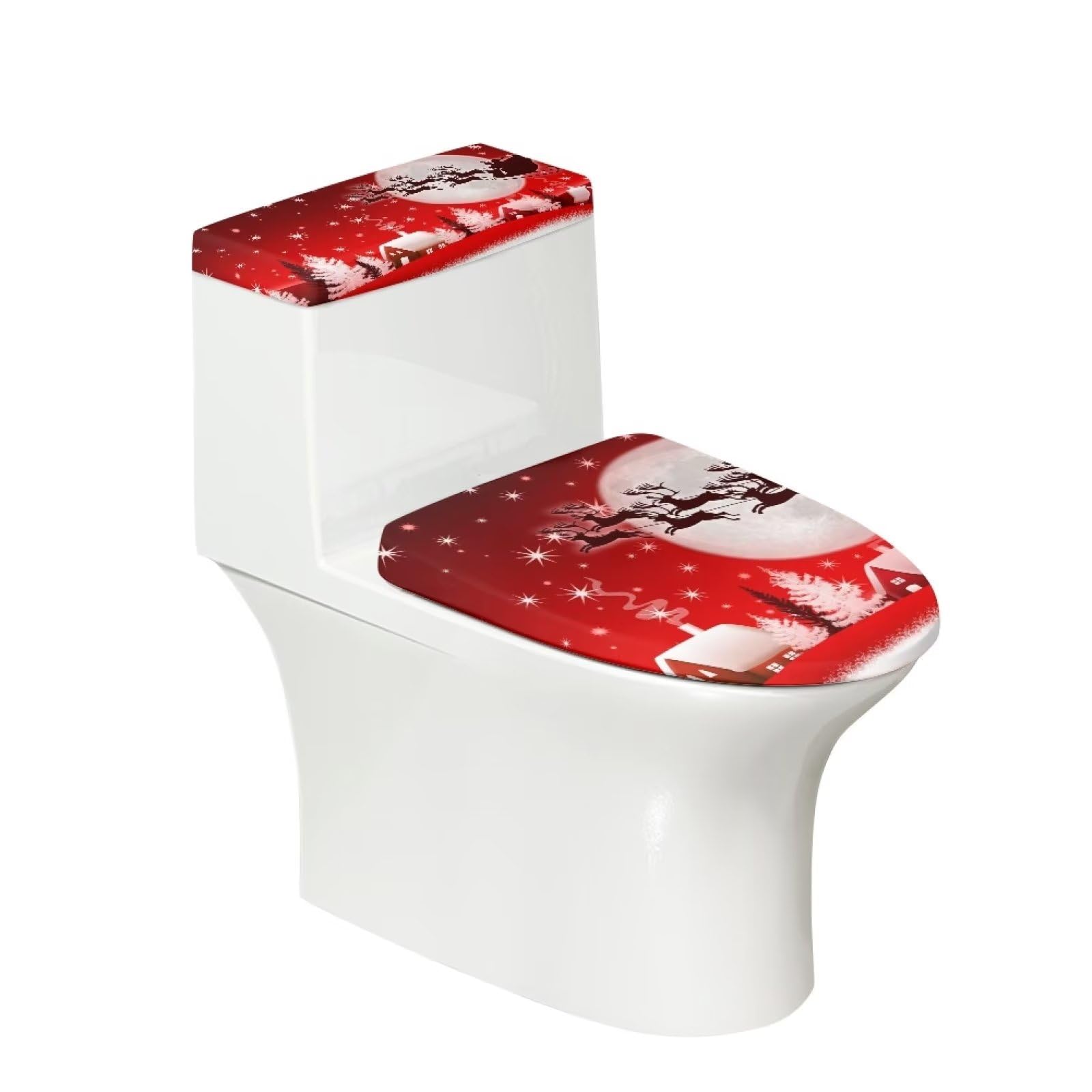NETILGEN Toilet Tank Lid Cover Replacement Set of 2, Comfortable Toilet Covers Set with Elastic Bottom Fits Most Size Toilet Tanks & Lids Indoor Christmas Decoration, Santa Reindeer Sleigh