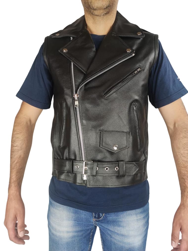 WinNet Gilet vera pelle smanicato stile giacca chiodo per moto custom vintage cafè race
