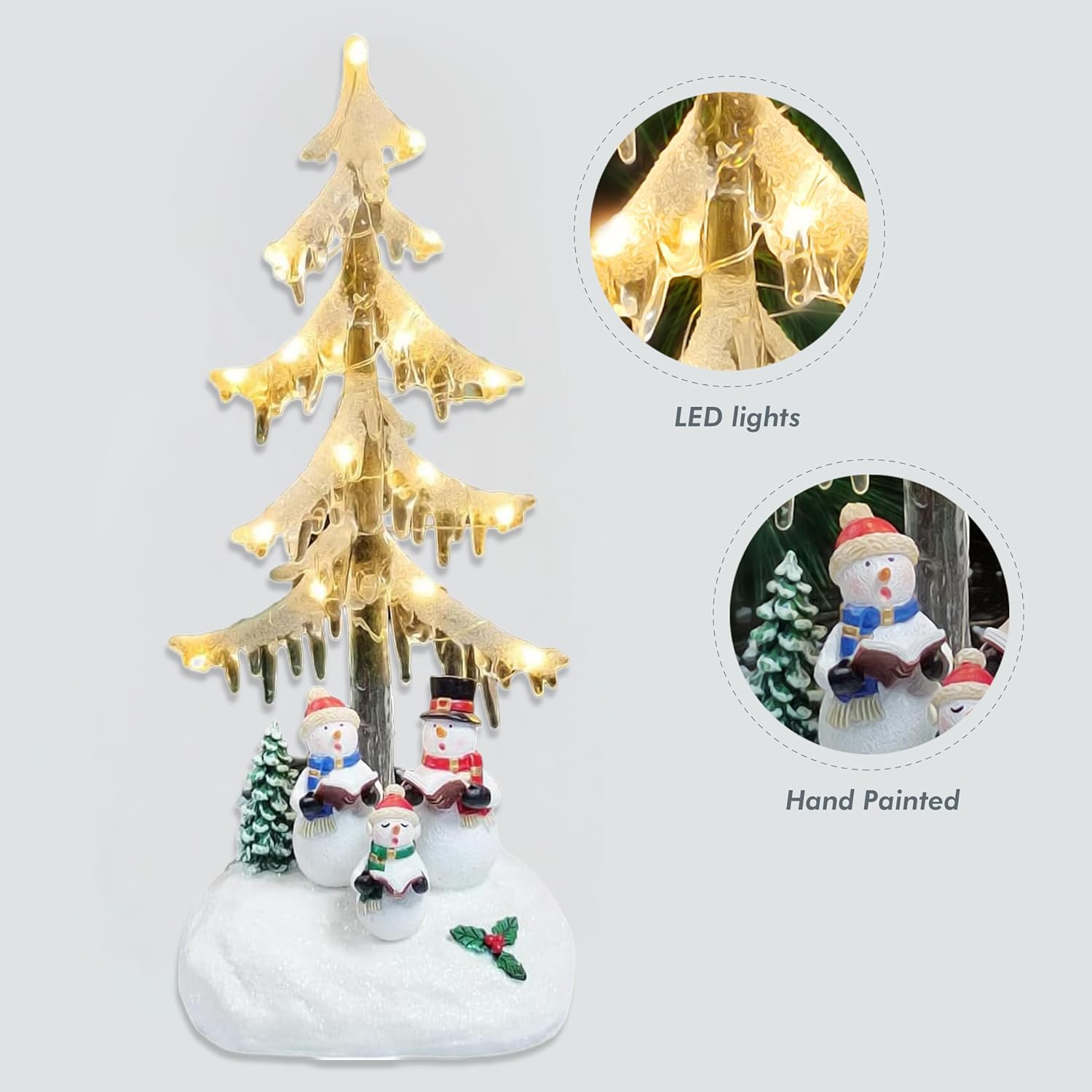 MOMENTS IN TIME Árbol de carámbanos acrílico iluminado por LED de 33 cm de alto con muñeco de nieve, coro de Navidad