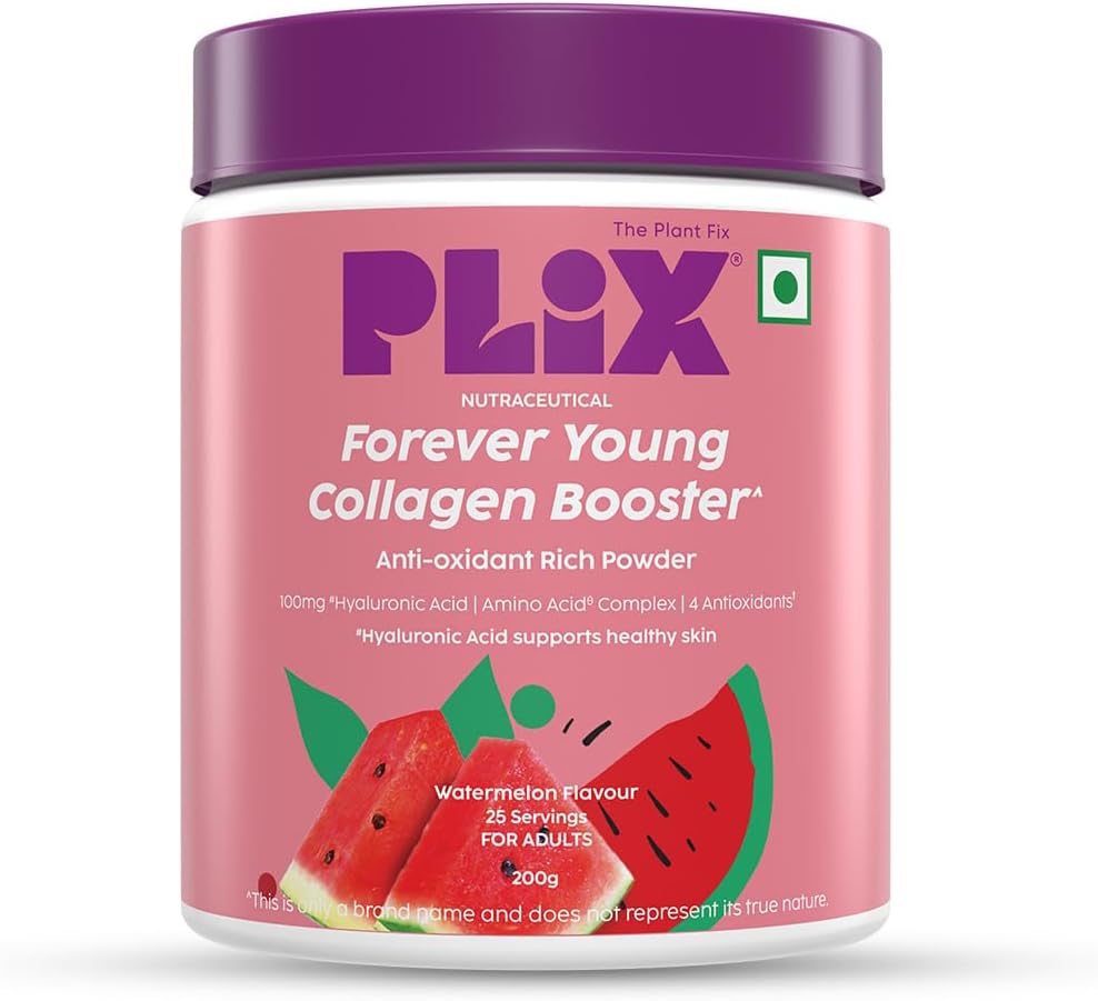 PLIX Collagen Supplement Powder to support Skin Elasticity, Firmness & Youthful Glow | 100% Plant-based with Hyaluronic Acid & Vitamin C | For Women & Men | Watermelon Flavour, Pack of 1
