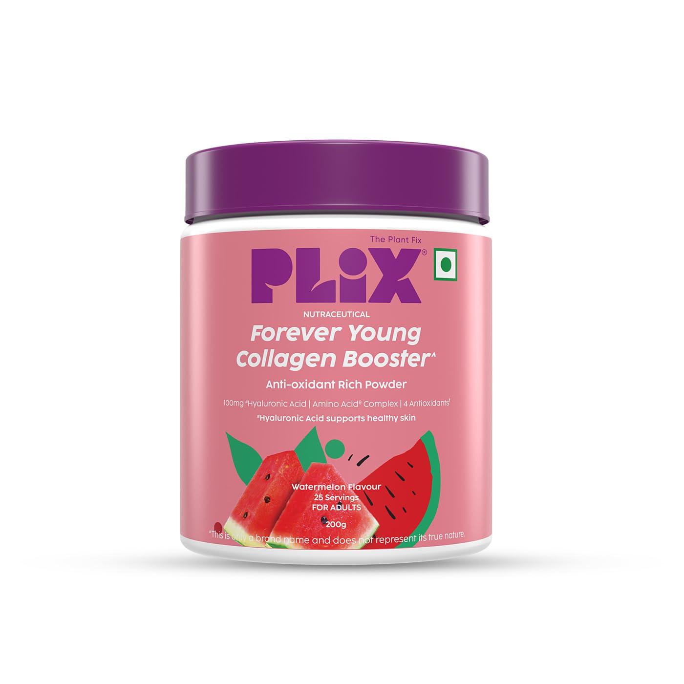 PLIX Collagen Supplement Powder to support Skin Elasticity, Firmness & Youthful Glow | 100% Plant-based with Hyaluronic Acid & Vitamin C | For Women & Men | Watermelon Flavour, Pack of 1
