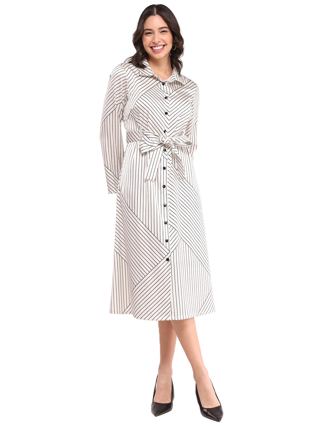 Women's Button Down Shirt Dress - Ecru and Black-image-5