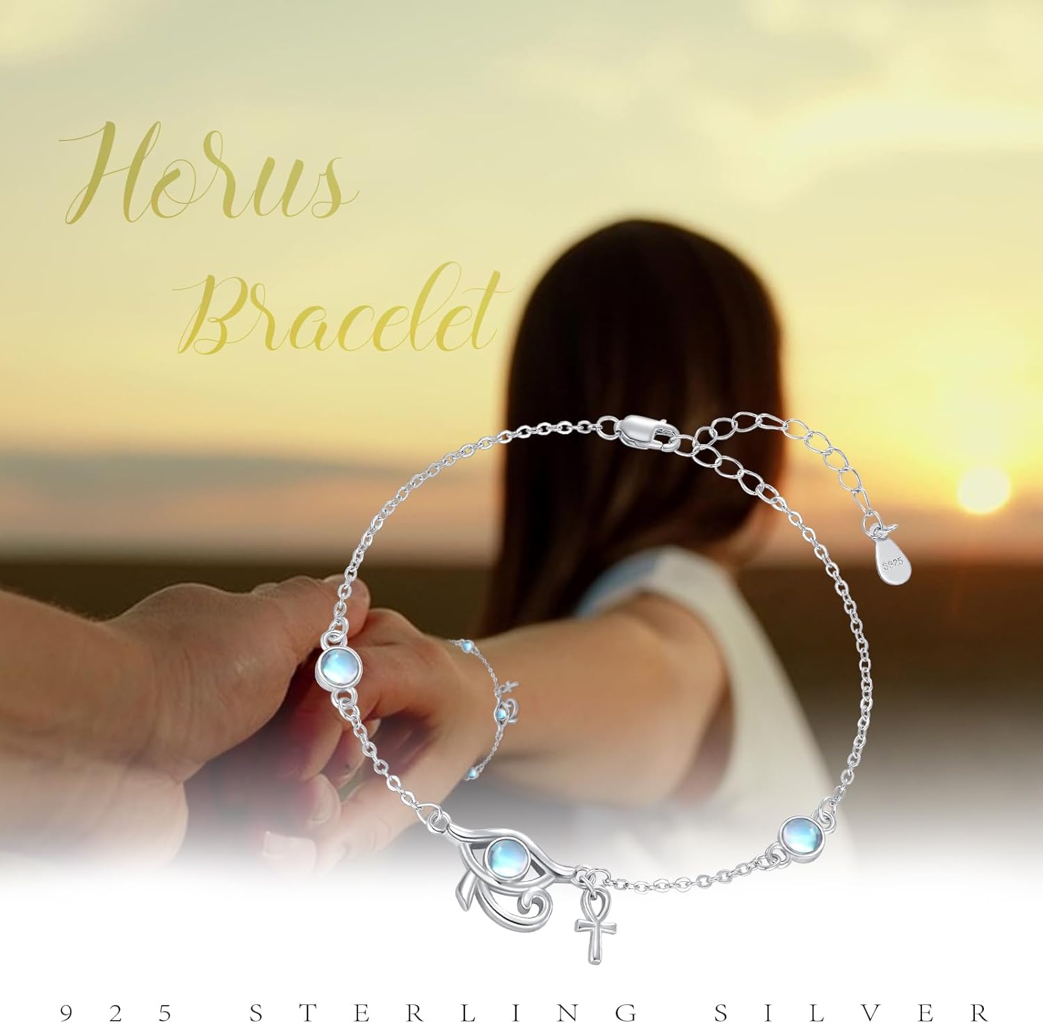 Eye of Horus Bracelet for Women S925 Sterling Silver Moonstone Eye of Horus Bracelet Adjustable Egyptian Jewelry Gifts for Birthday Mother's Day