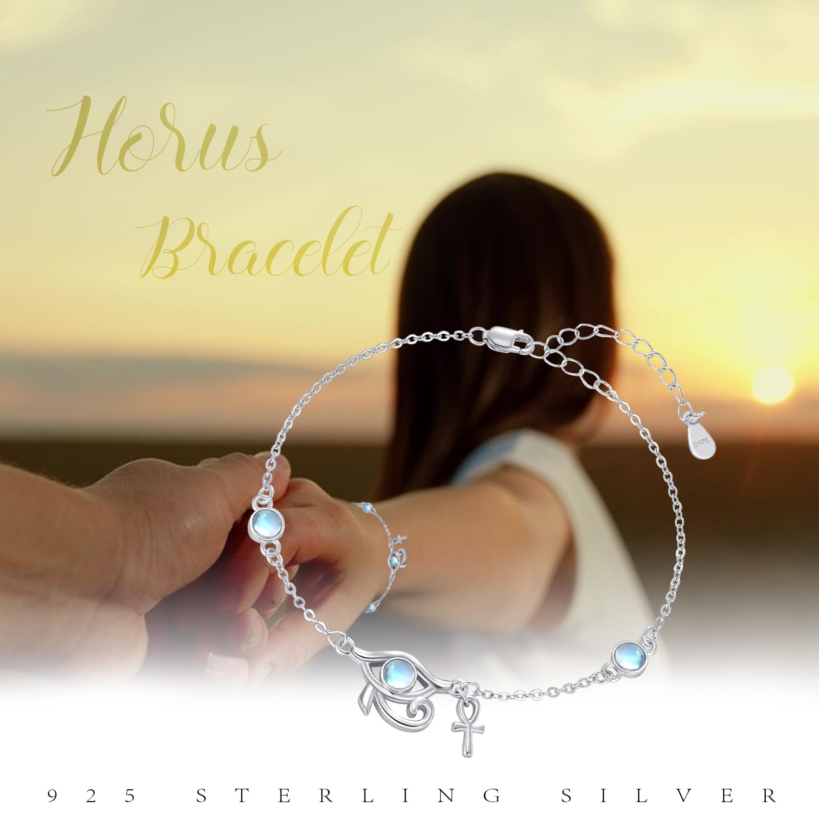 Pulsera de protección de plata de ley 925 ajustable para mujeres con mal de ojo y motivos egipcios – Ankh, ojo de Horus, joyas de ópalo regalo, 7+2 in, Plata de ley, Circonia cúbica