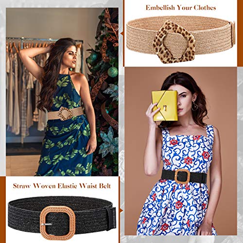 Geyoga 4 Pieces Straw Belts for Women Dresses Straw Woven Elastic Stretch Wide Waist Belt with Buckle Boho Braided Dress Belt4