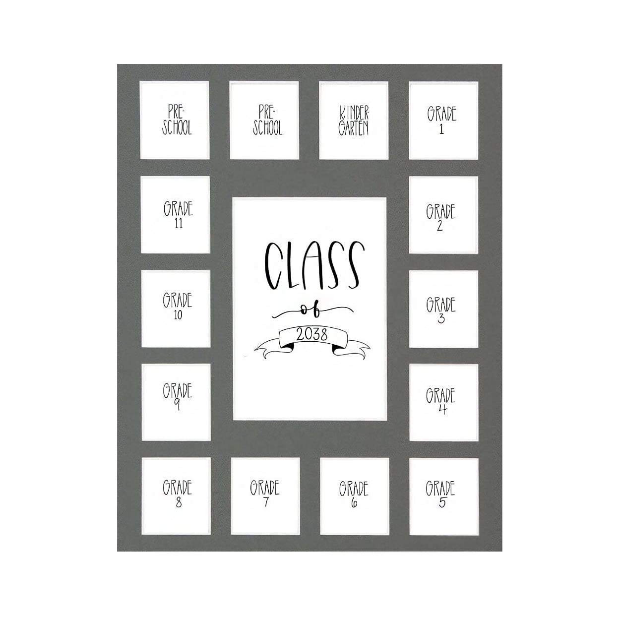Rustic Red Door Co. RRD Class of 2038 Photo Mat (11" x 14") - Collage Frame for School Pictures Pre-K to 12 - Grey Mat for 15 Photos (No Frame)