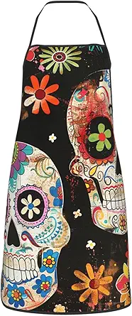 Sugar Skulls Printed Adjustable Chef Apron with Pockets - Unisex Cooking Apron for Kitchen Grill Painting & Restaurant Use