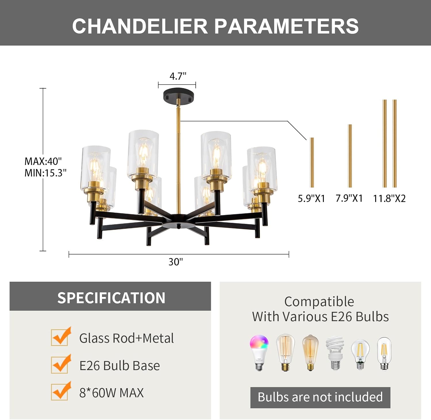 8 Light Gold Chandelier for Dining Room Light Fixtures Black & Brushed Brass Modern Farmhouse Chandelier Industrial Hanging Pendant Lighting for Living Room Kitchen with Glass Shade