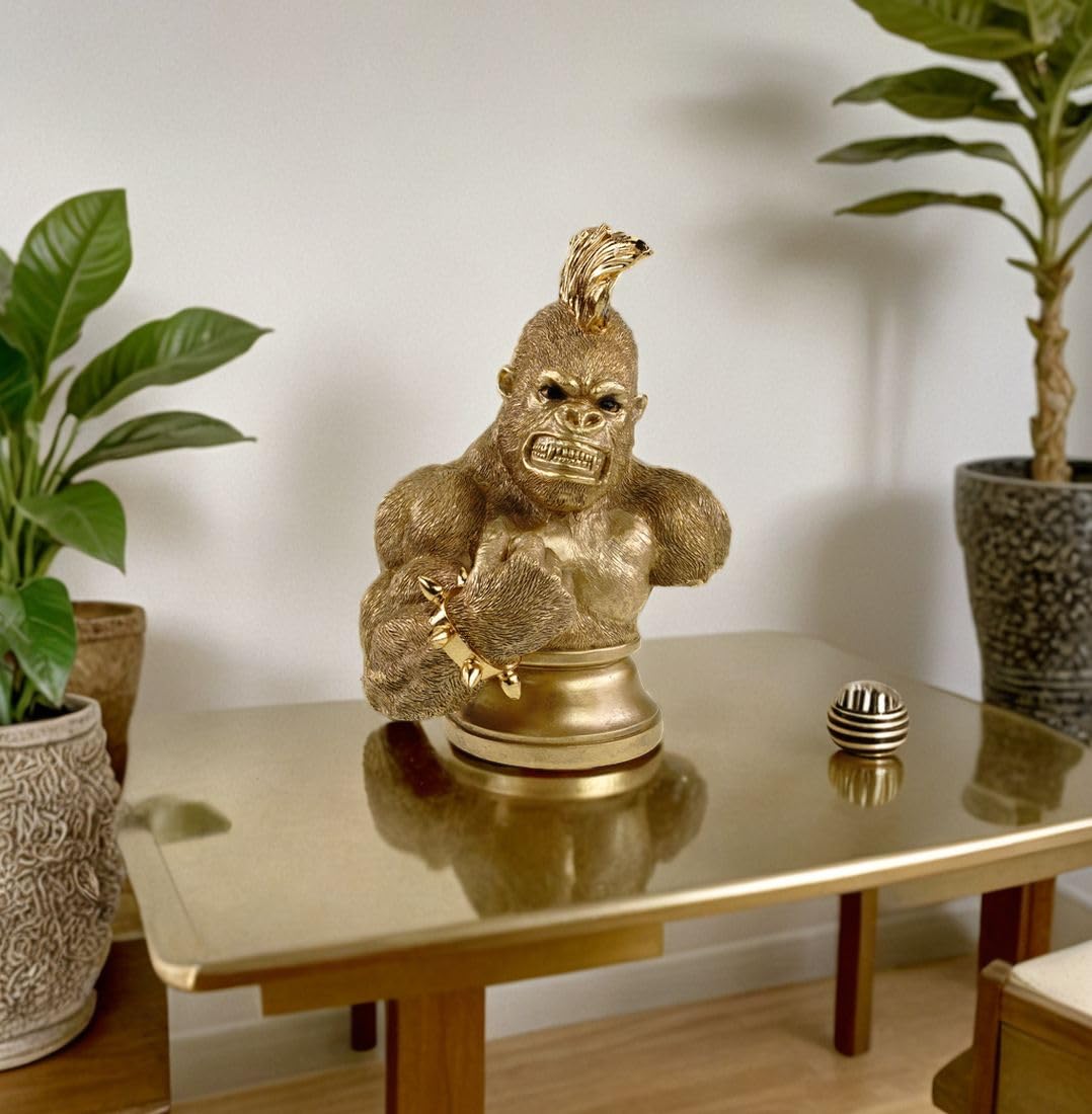 Kremers Schatzkiste Decorazione XXL in poliresina dorata, 30 x 23 x 17 cm, gorilla muscolosa con irochesi, posa combattimentica, figura di animali ricca, decorazione per il soggiorno e l'ufficio