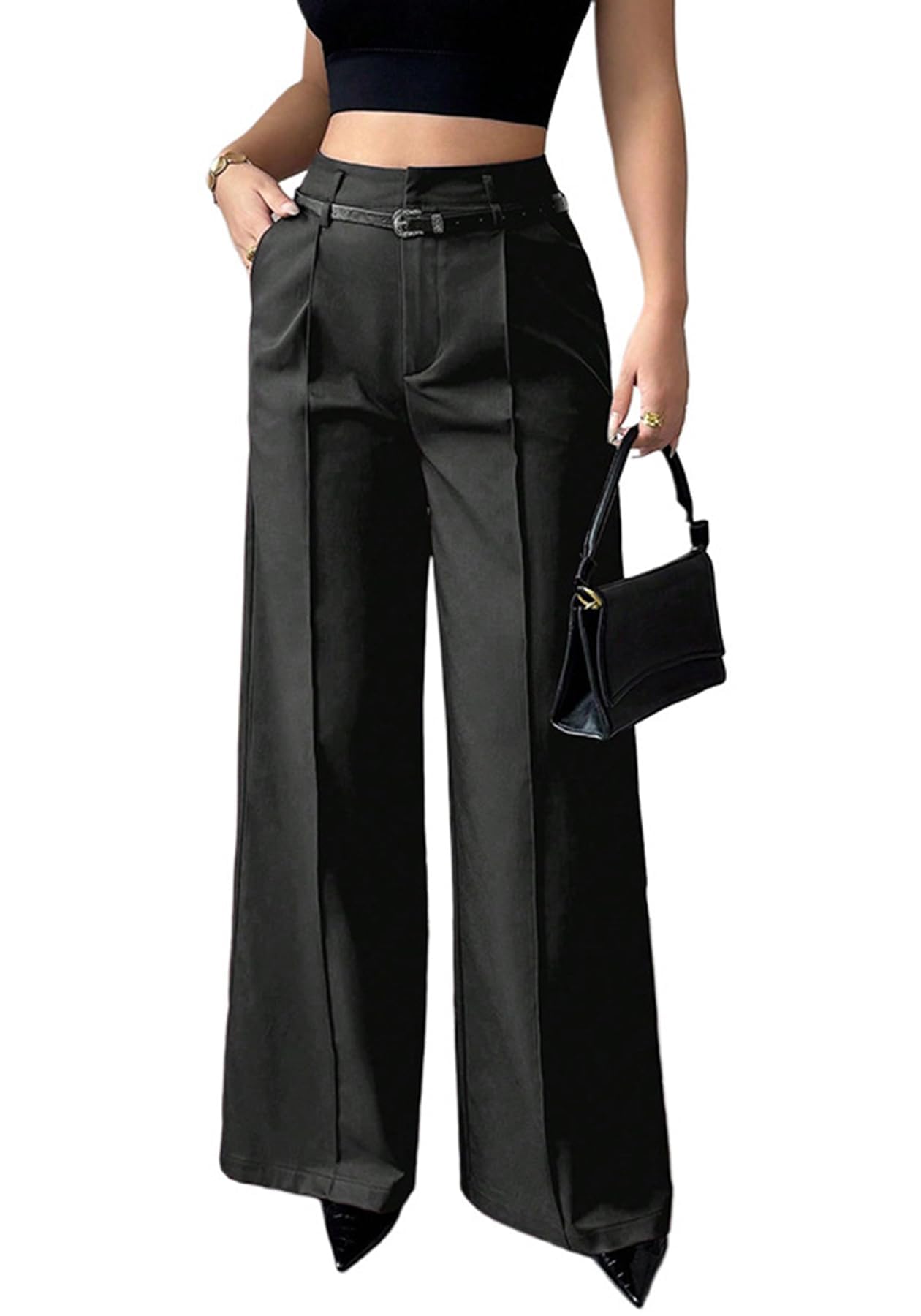 NRTHYE Business Casual Pants for Women High Waisted Straight Wide Leg Work Trousers Dress Suit Pants with Pockets