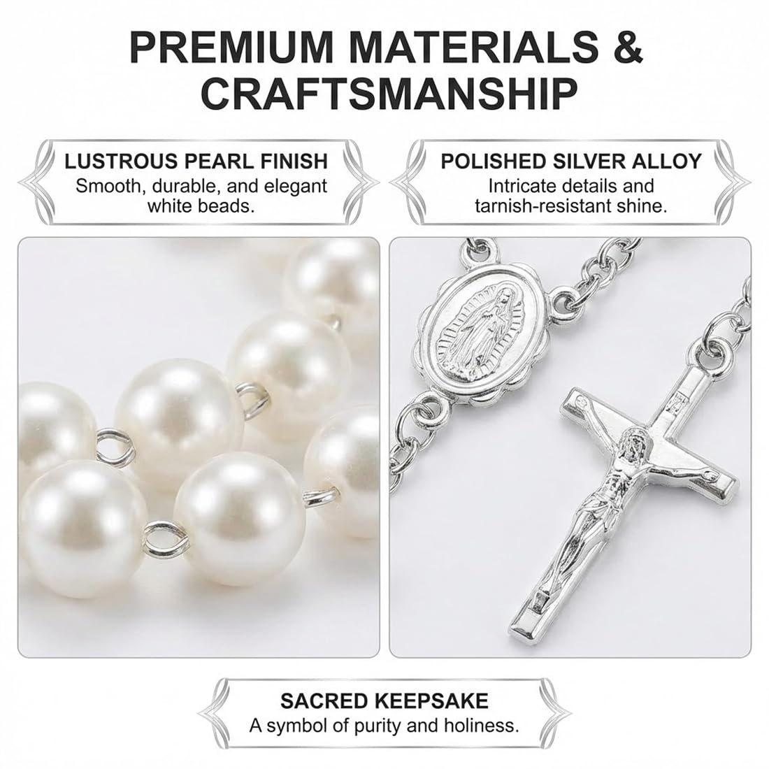 KAHZOR 5 Piezas Rosarios de Bautismo, Mini Rosarios de Dedo, Cuentas de Perlas de Imitación para Bautizo, Comunión, Boda, Fiesta y Recordatorios de Comunión, Detalles Comunión para Invitados (Plata) — view 3