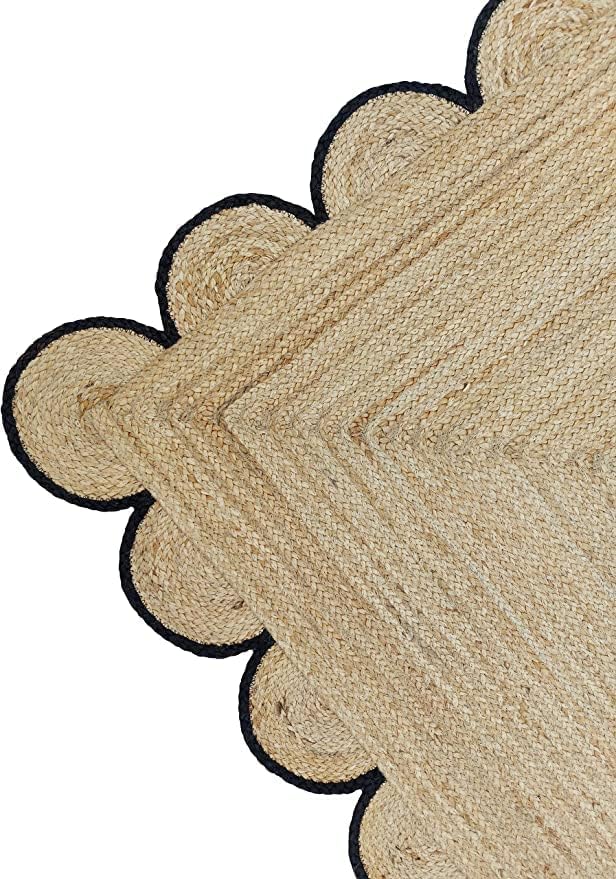 Miniatura 3 de Alfombra de yute hecha a mano, color beige con borde negro festoneado, rectangular, tejida a mano, alfombra de yute para granja (2 x 10 pies)