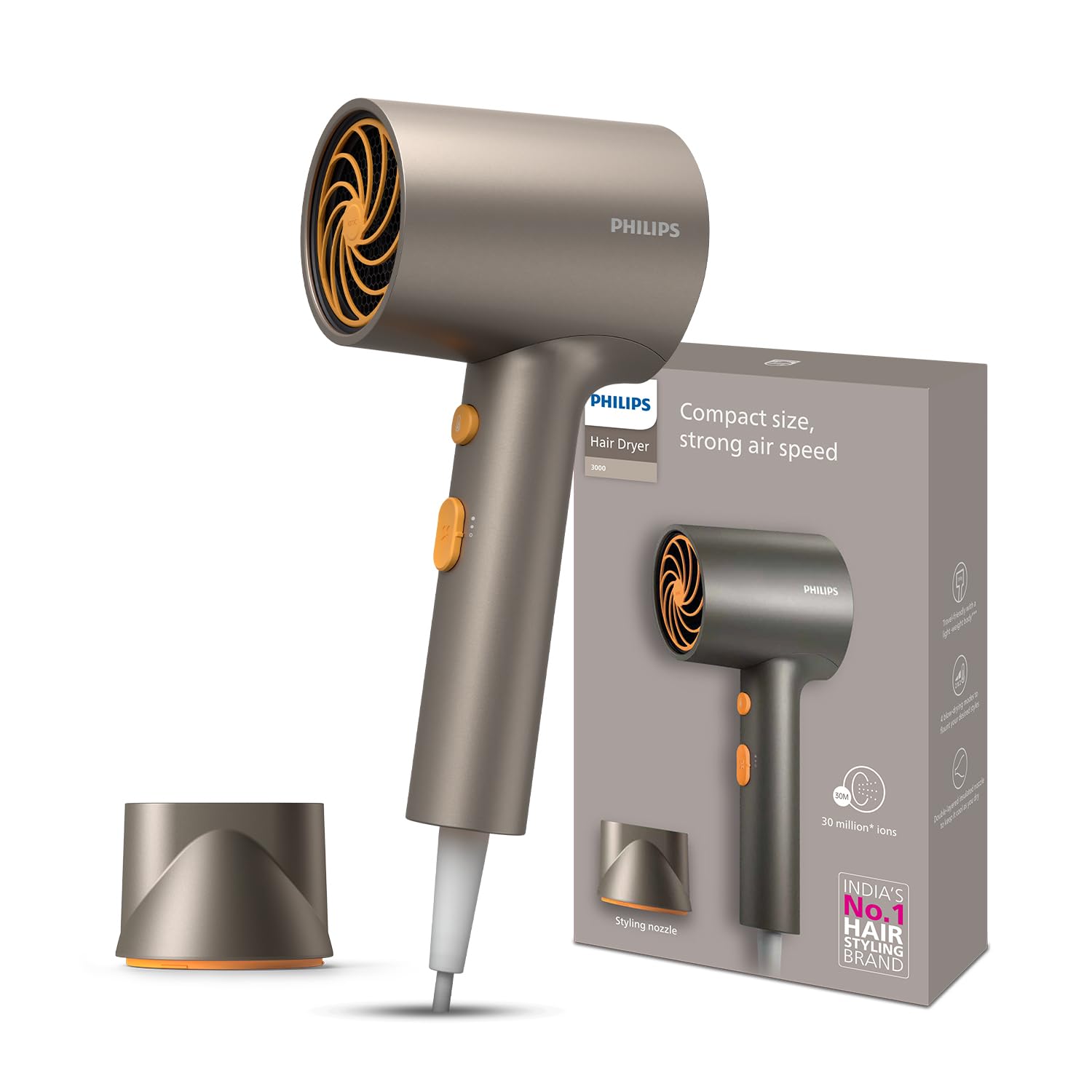 Philips India’s No.1 Hair Styling Brand – Glass like Shine Hair Dryer | 1600W | 4 Heat x Speed Modes | 30M Negative ions | Travel-Friendly | For Indian Hair | BHD321