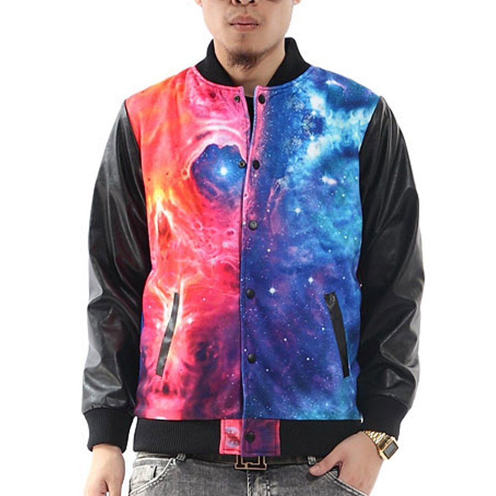 Generic Men's Galaxy Digital Print Leather Sleeves Baseball Jacket