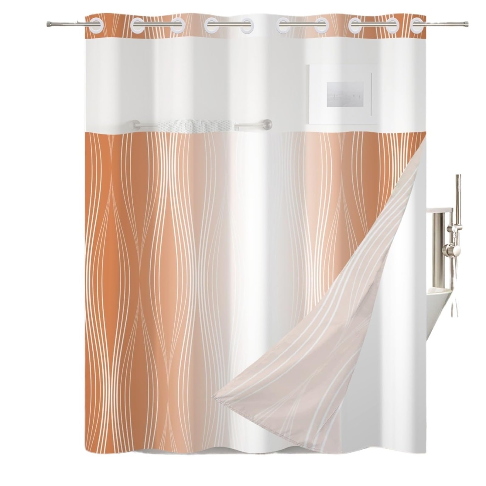 MZSKLW Shower Curtain Solid Color Gradient Shower Curtain Striped Hookless Double Layer With Snap In Removable Liner For Bathroom Bathtubs