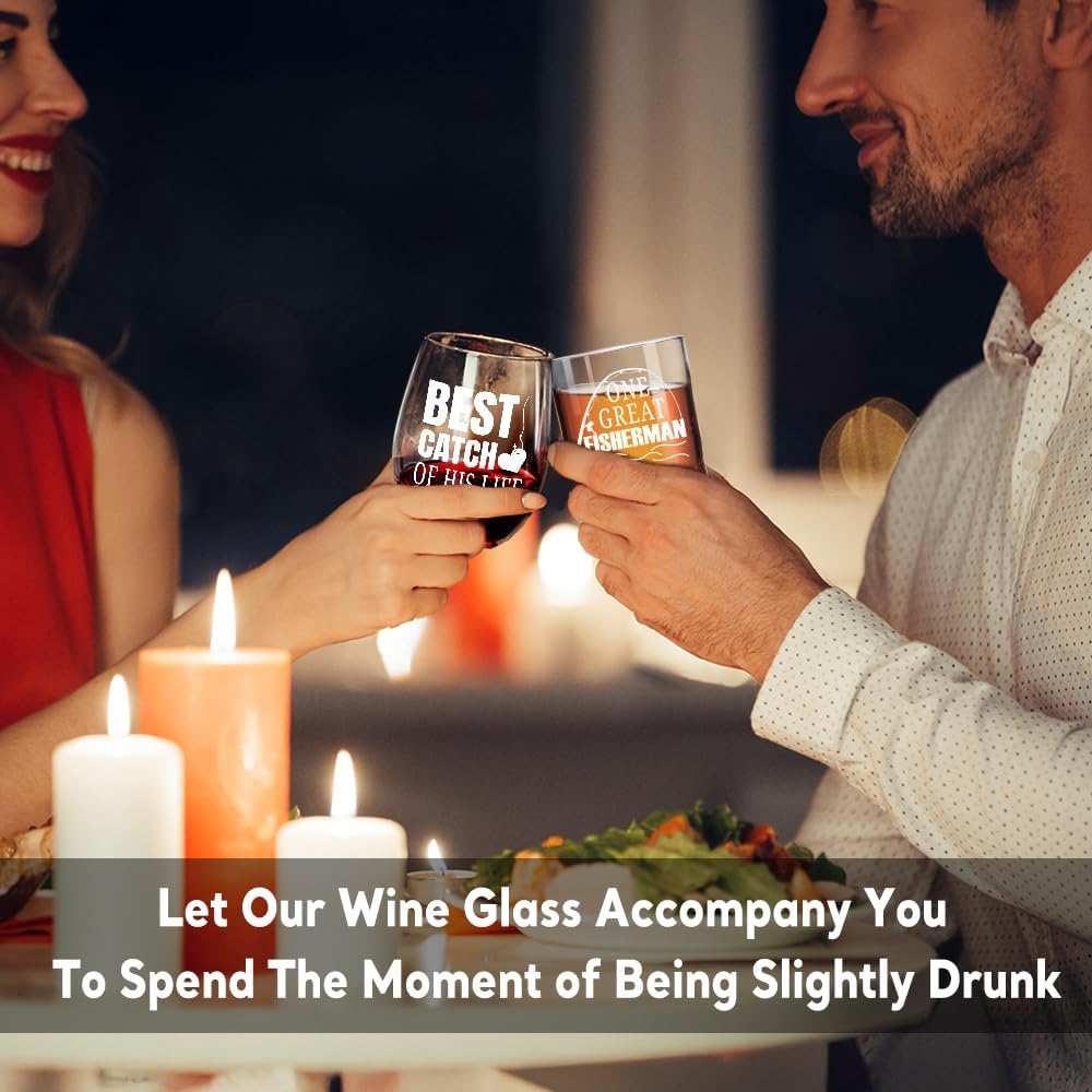 Perfectinsoy One Great Fisherman Best Catch of His Life Wine Glasses Gift Set, Valentine’s Day Wedding Anniversary Engagement Gifts for Her Him Bridal Shower Husband Wife Newlywed Couple SoulMate - Image 4