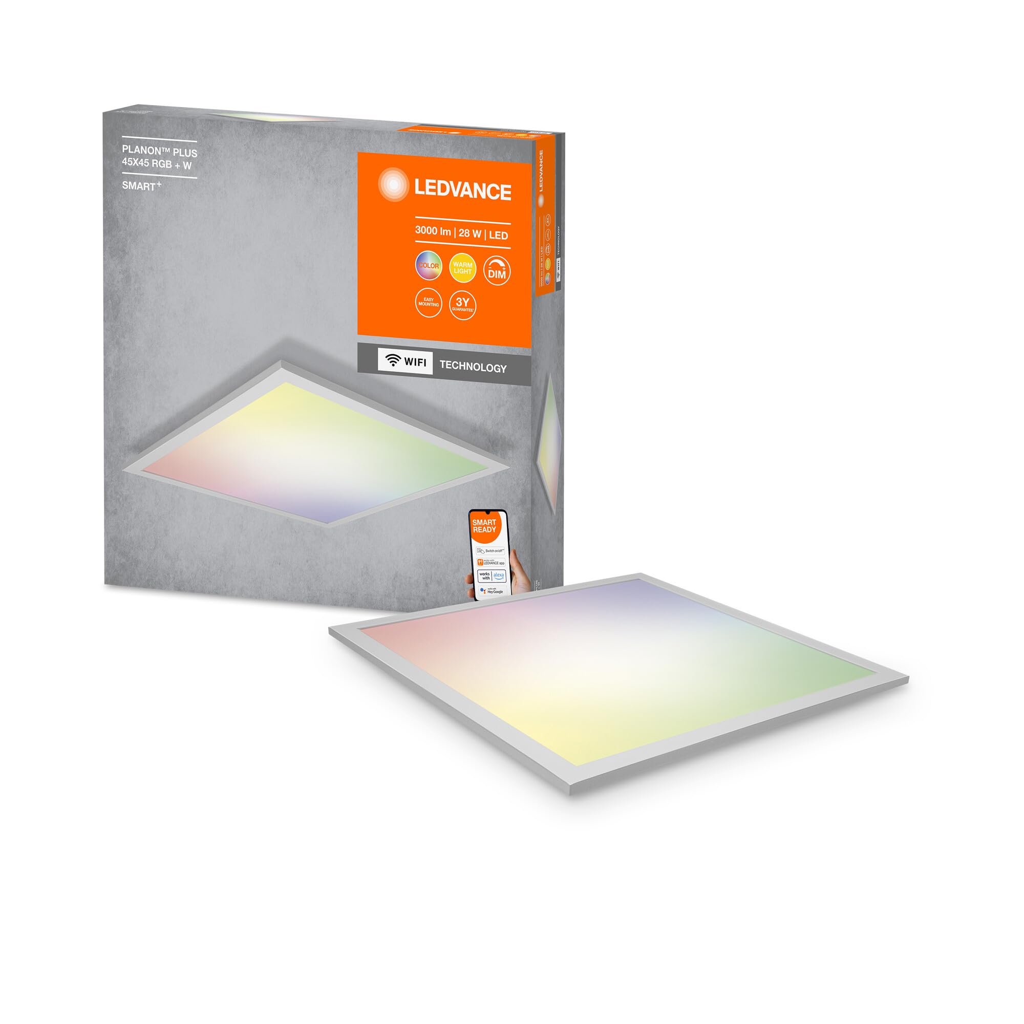 Ledvance Rgb Smart Ledpanel Luminaire With Wifi Technology For Inside, Tunable White (3000-6500K), Colors Changeable, 450 Mm X 450 Mm, Compatible With Google And Alexa, Smart+ Orbisplus Multicolor
