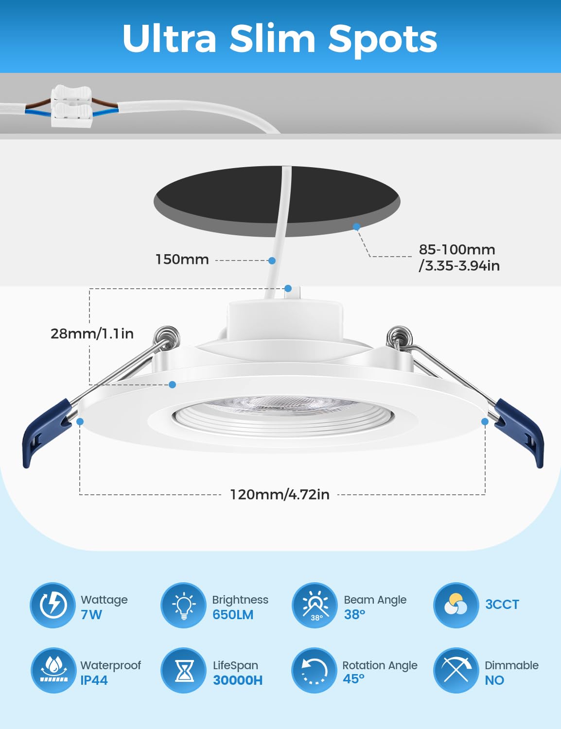 Spots LED Encastrables Orientable, 7W 650LM Spots de Plafond Extra Plat Encastré Blanc Chaud 3000K Blanc Neutre 4000K Blanc Froid 6500K,IP44 Spot Pour Salle de Bain,Trou Φ85-100mm, Lot de 6