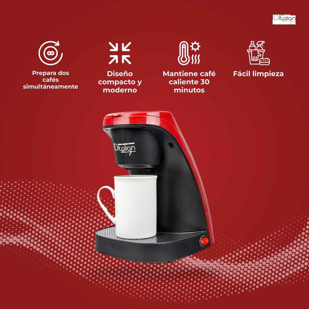 Italian Design - Cafetera TOTAL COFFE DUO PRO - 2 Servicios - Depósito 0,24 L - Diseño Compacto - 450 W - Mantiene Café Caliente 30 Minutos - Incluye Tazas - Fácil Limpieza y Uso