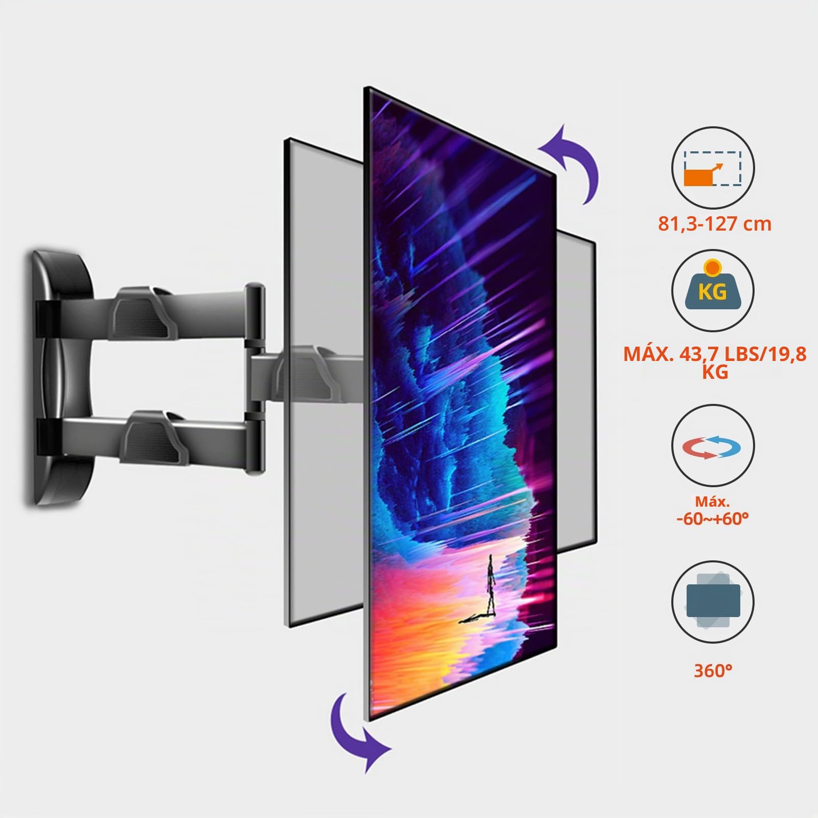 Rotación de 360° Soporte de Pared para TV 32-50 Pulgadas, inclinación y Giro, Montaje para Pared para Pantallas Verticales y monitores Grandes hasta 19,8 kg, VESA máxima 400 x 400 mm