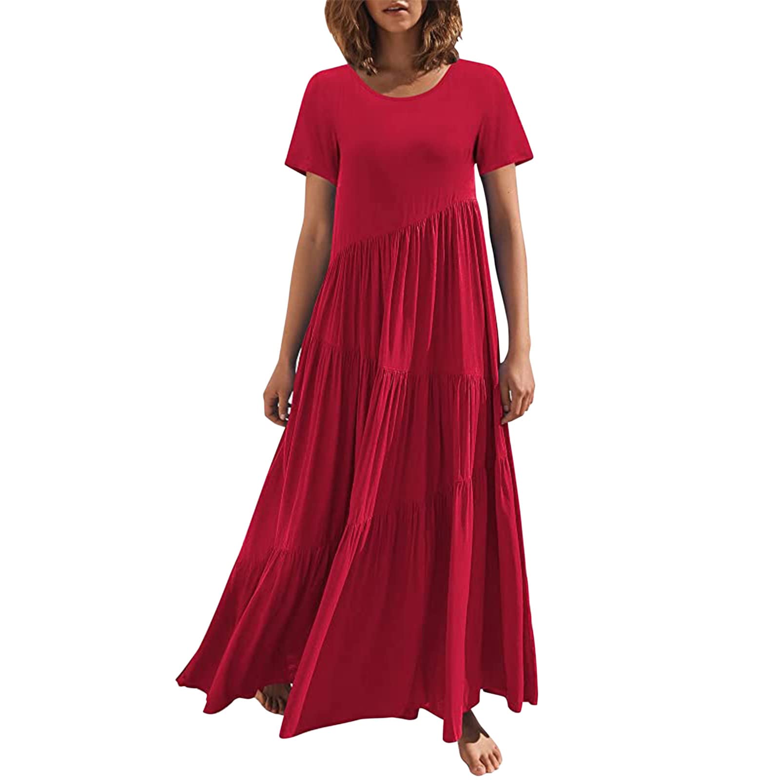 Sunnyuk Vestido Camiseta Tallas Grandes Cuello Redondo Casual Vestido Vestidos Playa Vestido Camisero Media Manga Color Sólido Vestido Verano Manga Corta Largos Vestido