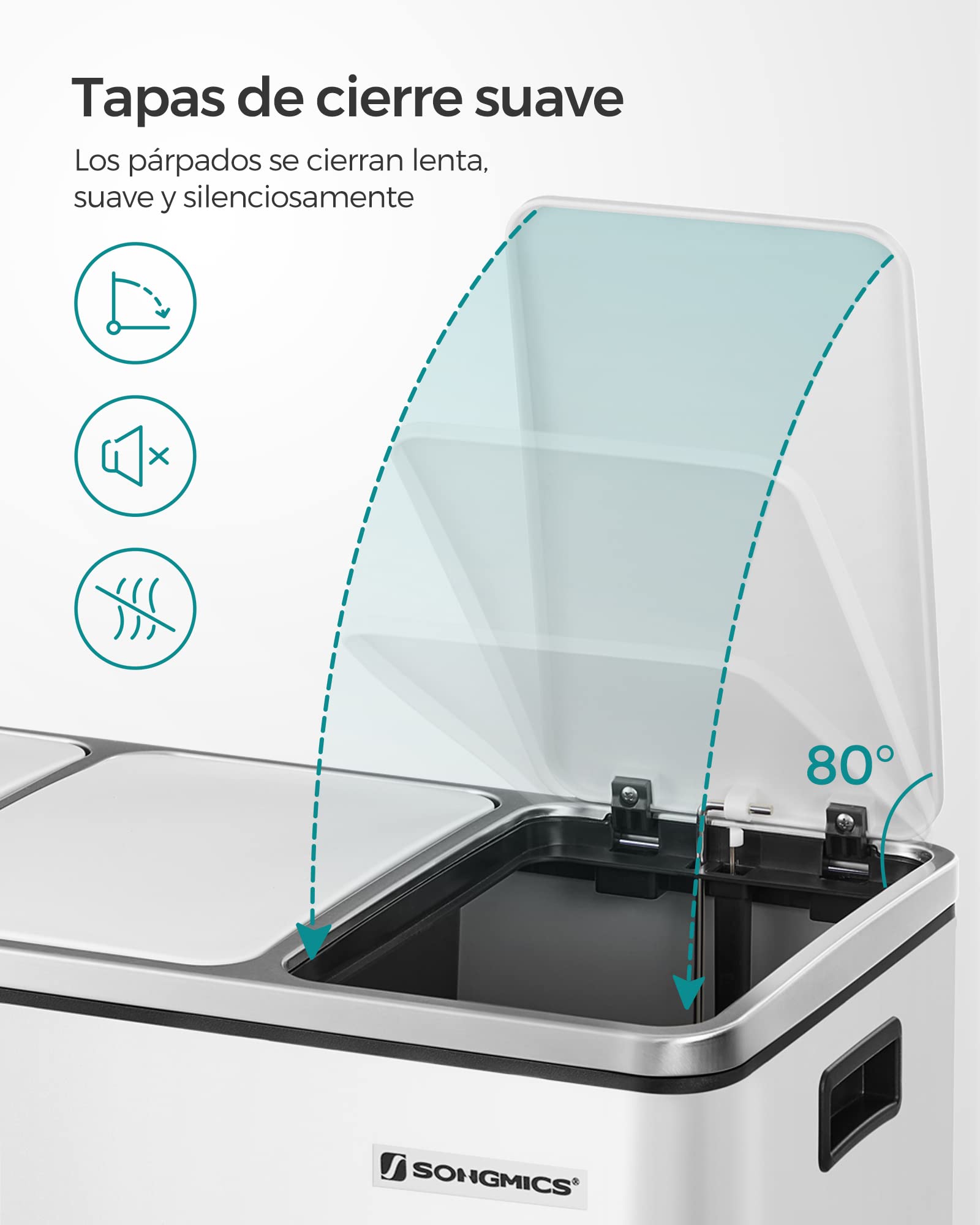 SONGMICS Cubo de Basura para Cocina, 3 x 18 L, 3 Compartimentos para Reciclaje, 15 Bolsas, Restos de Comida, Tapas de Cierre suave, Pedales, Cubetas, Acero, Blanco Nube LTB54WT