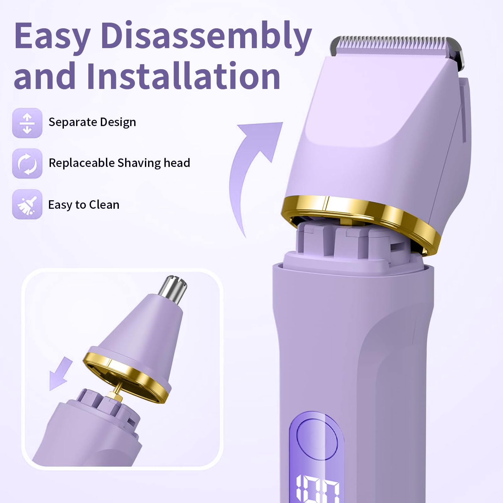 5-in-1 Elektrorasierer für Damen, Intimtrimmer, Bikini-Trimmer, Damenrasierer für Gesicht, Beine, Achseln und Schambereich, wasserdicht (Lila)