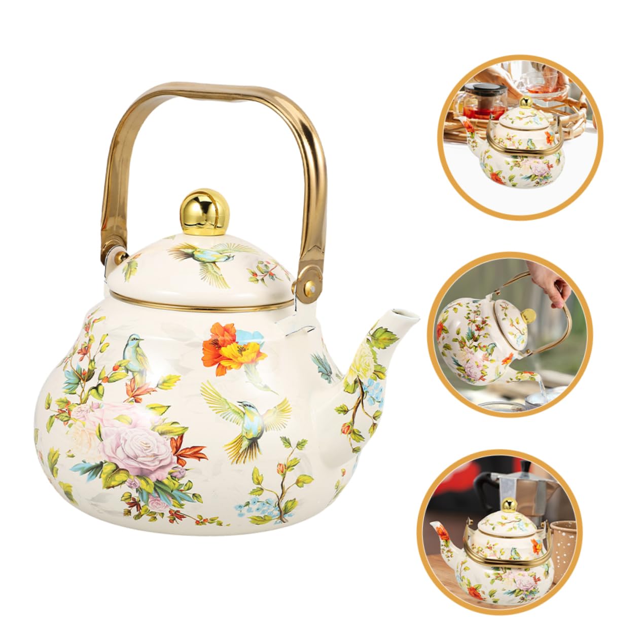 Ciieeo Théière Émaillée 1,5 l Vintage à Motif Floral, Bouilloire En Émail Robuste, Chauffage Rapide, Pour Cuisinière, Usage Domestique Et Voyage