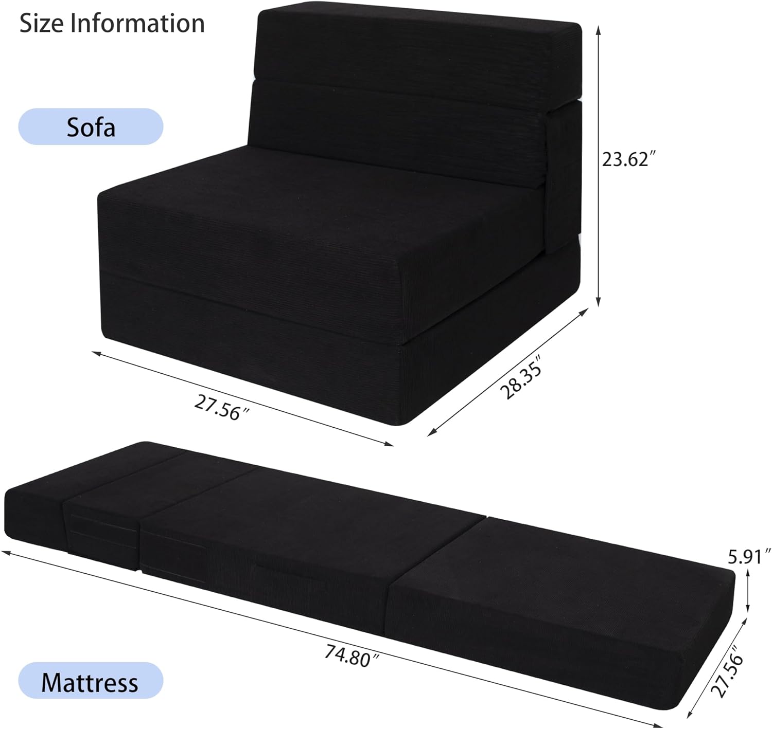Folding Sofa Bed Chair with Pillow,Convertible Fold Out Chair Sleeper,Foam Floor Mattress, Foldable Futon Couch Bed for Living Room/Dorm/Guest/Office (Black Corduroy, Single)