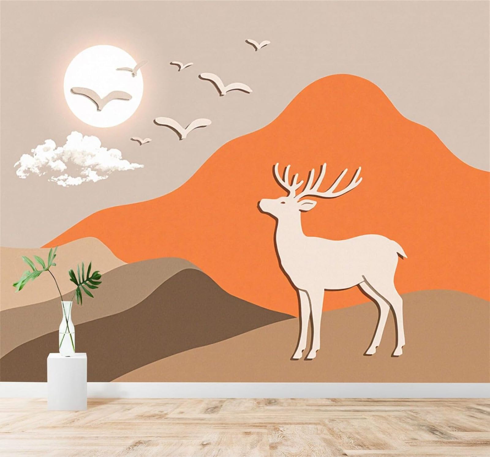 XLMING Minimalist Deer Mountain Peaks Sunset Birds in Flight 3D Wallpaper Premium Textured Silk Study Dining Living Room Bedroom Sofa TV Wall Easy Install-400cm×280cm