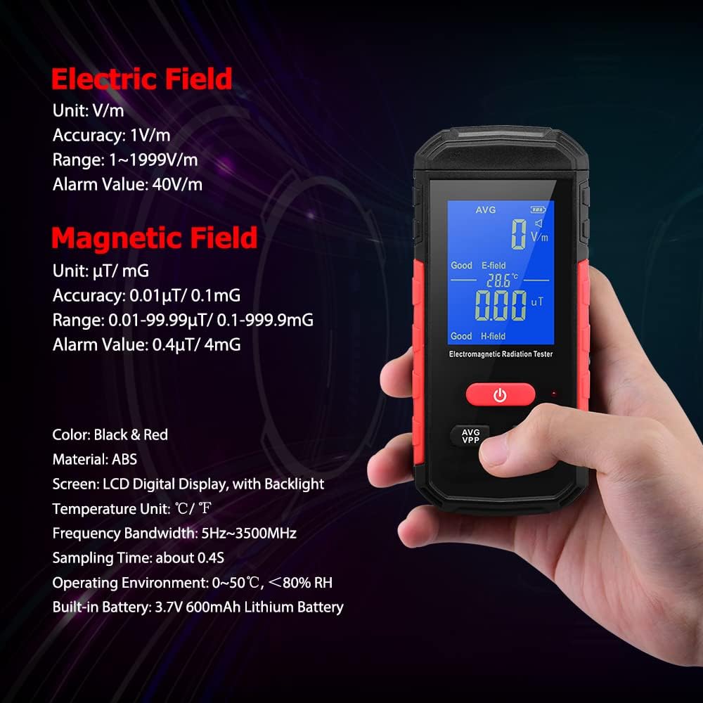 Irfora Digital Electromagnetic Radiation Tester EMF Meter LCD Back Portable Electric Magnetic Field Radiation Detection Alarm Average/Peak Mode Reable for Home Appliances Offices Industrial