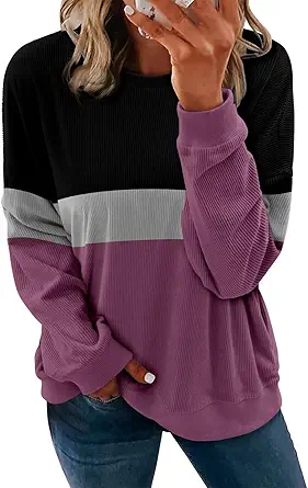 KISSMODA Womens Casual Long Sleeve Sweatshirts Color Block/Solid Tops Corduroy Crewneck Tunic Pullover with Pockets