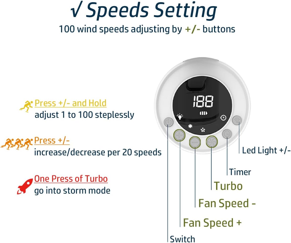 UN UNITEDTIME Portable fan- Battery Operated Fan - 100 Speeds- LED Lighting- Table fans for Outdoor, Camping, Tent, Travel, Bedroom, Cruise RV (White) image 5