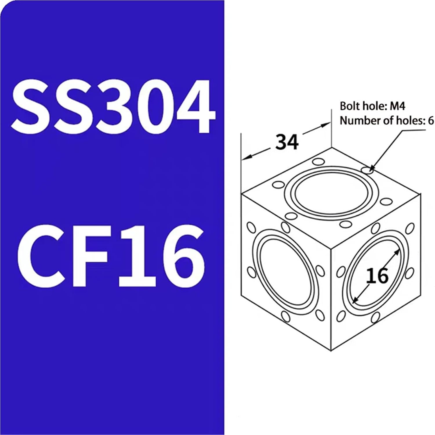 CF16/CF35/CF50 Ultra High Vacuum CF Cube Chamber Stainless Steel 304 CF 6-Way Cube In stock ConFlat flanges vacuum fitting(CF16)