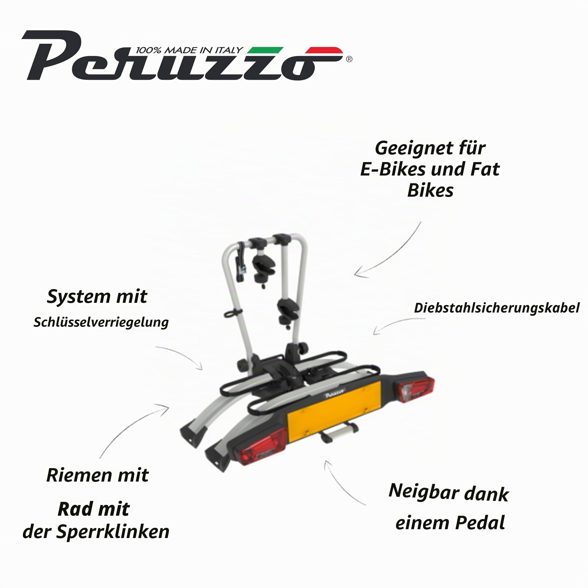 Peruzzo Atlantis 2: Universeller Heckträger für 2 e-Bikes - Ideale Lösung mit Anhängerkupplung für den sicheren Transport Ihrer Elektrofahrräder, Black