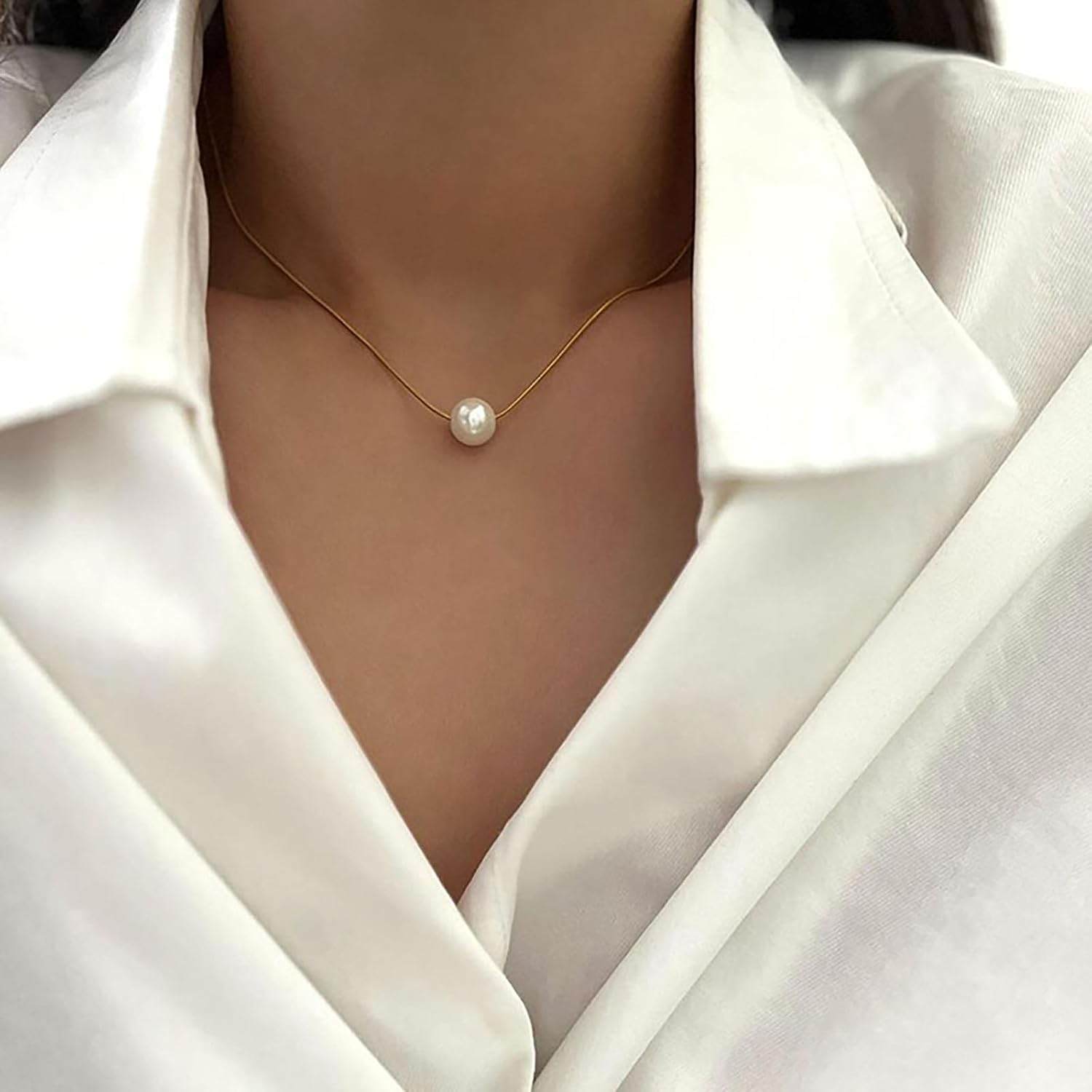 Vintage Small Pearl Necklace Choker Floating Single Pearl Pendant Necklace Gold Minimalist Round Snake Chain Thin Necklaces Jewelry for Women - Image 2
