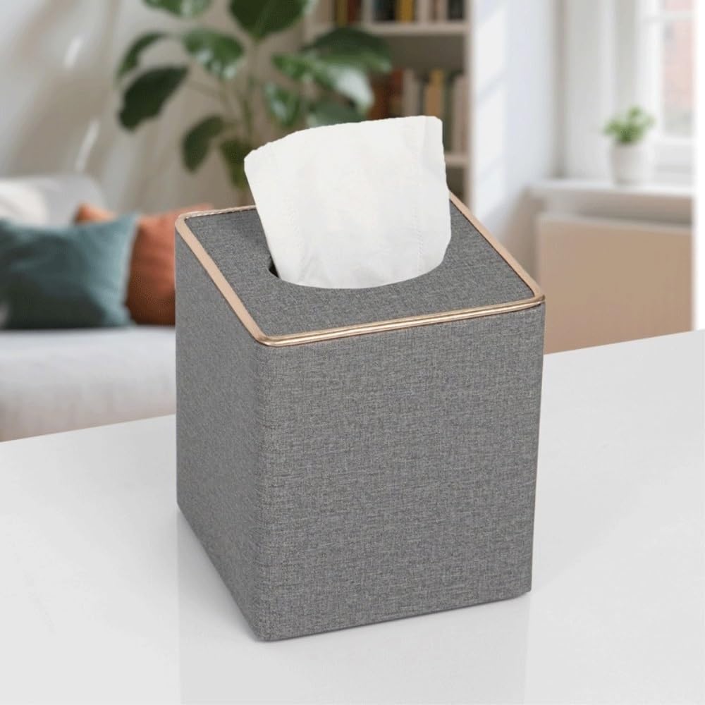 Porta fazzoletti quadrato in lino, organizer decorativo con finiture dorate for bagno, ufficio e casa(White)