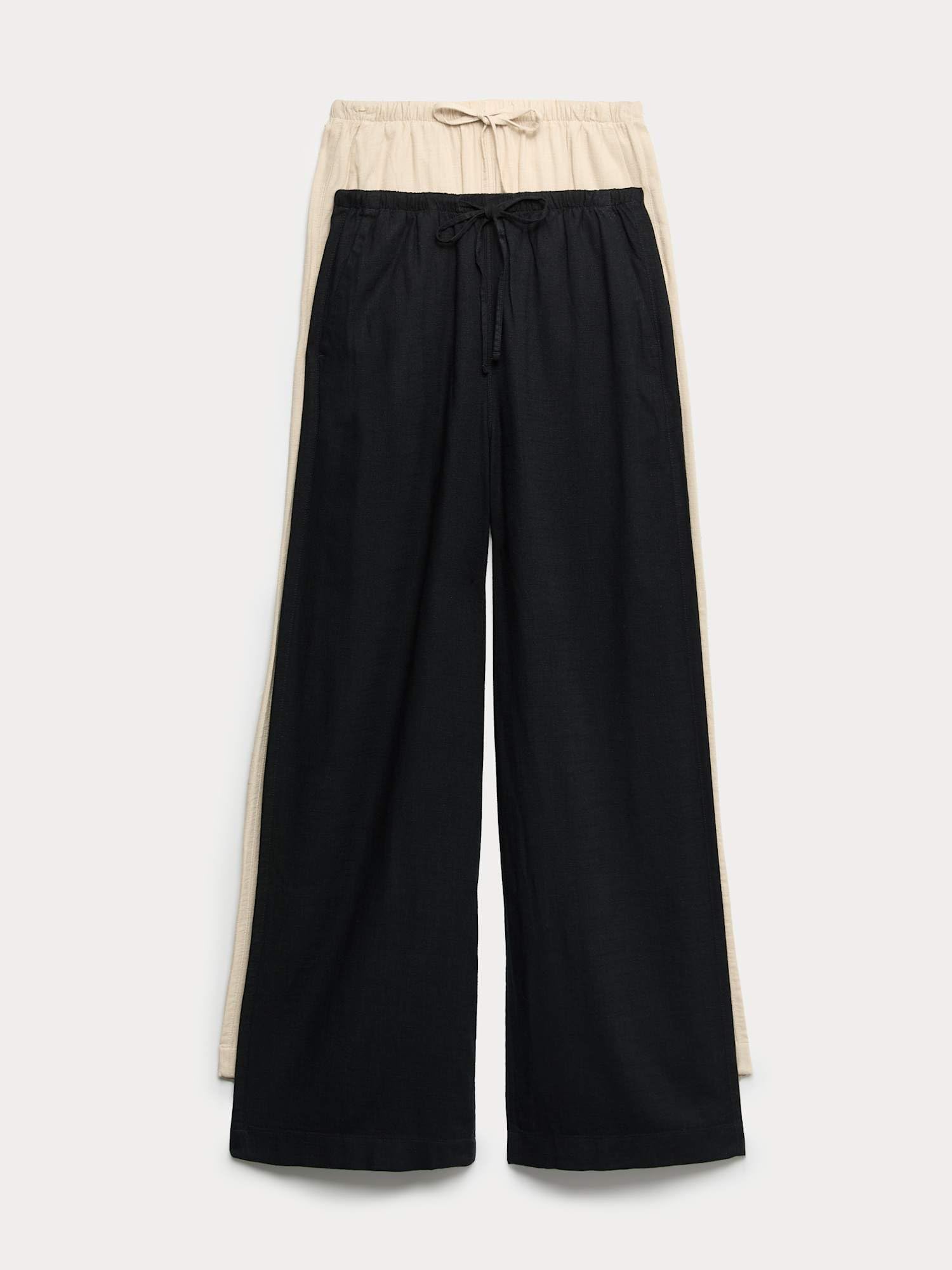 Marks & Spencer Pantalon Jambes Larges Femme Lot de 2 en Mélange Lin, Taille à Cordon