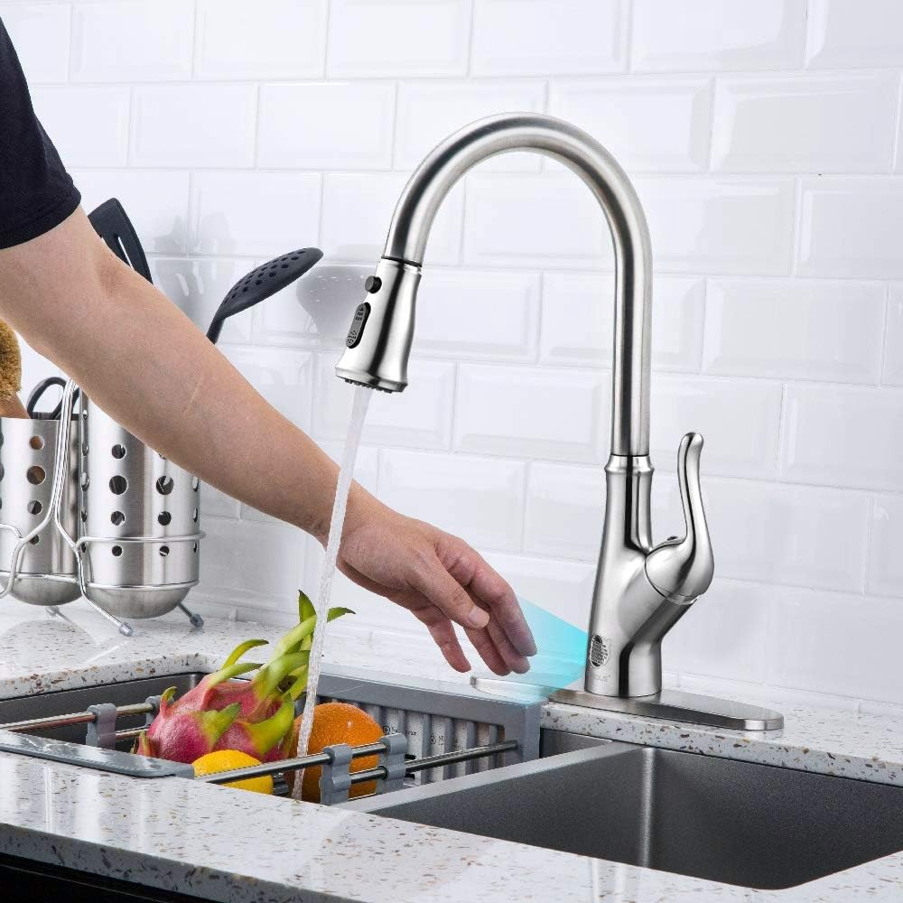 FORIOUS Touchless Brushed Nickel Kitchen Faucet with Pull Down Sprayer, High Arc Single Handle Kitchen Sink Faucet with Deck Plate, Commercial Modern rv Brass Kitchen Faucets, Grifos De Cocina