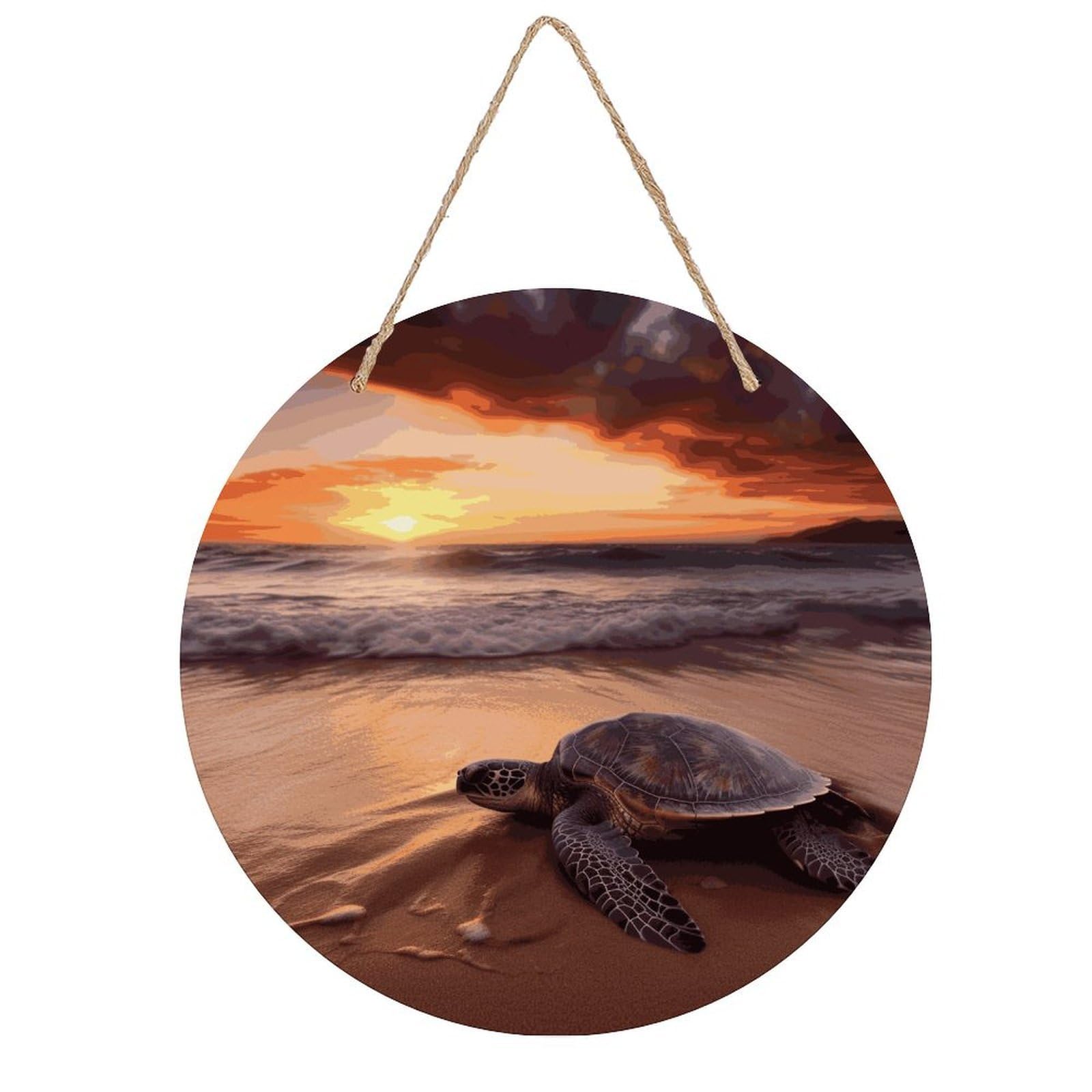Adfgyerh Style Sea Turtle Sunset Room Decor，Round Wooden Board Painting，Wall Art，Easy To Hang，Wall Decor ，Suitable For Homes, Offices, Holidays, Bars, Cafes, And Other Venues.