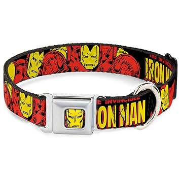 Buckle-Down Seatbelt Buckle Dog Collar - The Invincible Iron Man Action Poses Black/Red/Yellow - 1